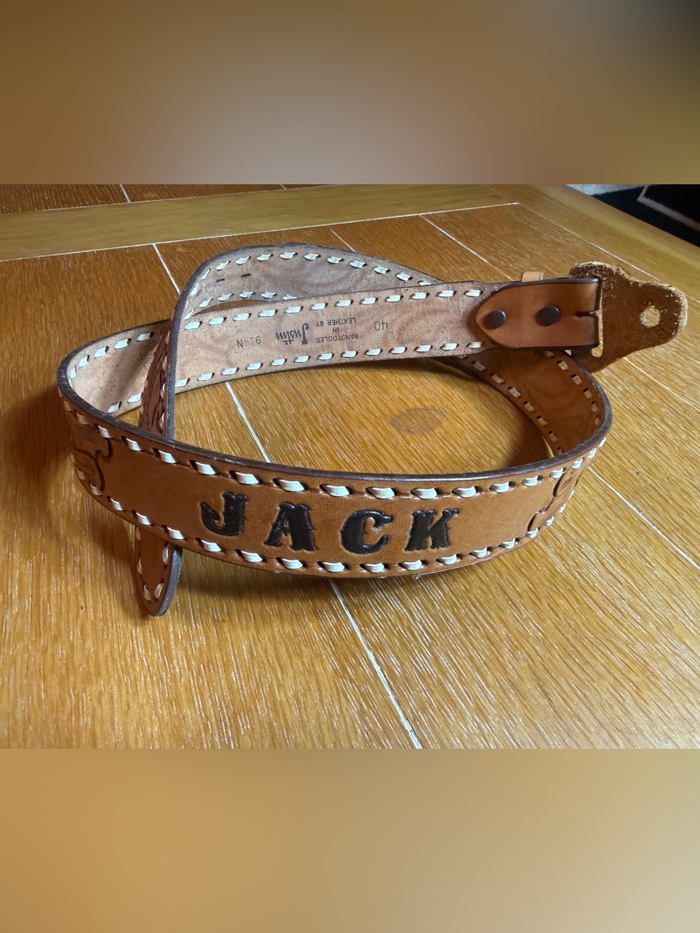 Justin Boots Tan Leather Handtooled Belt with White Lacing with name Jack